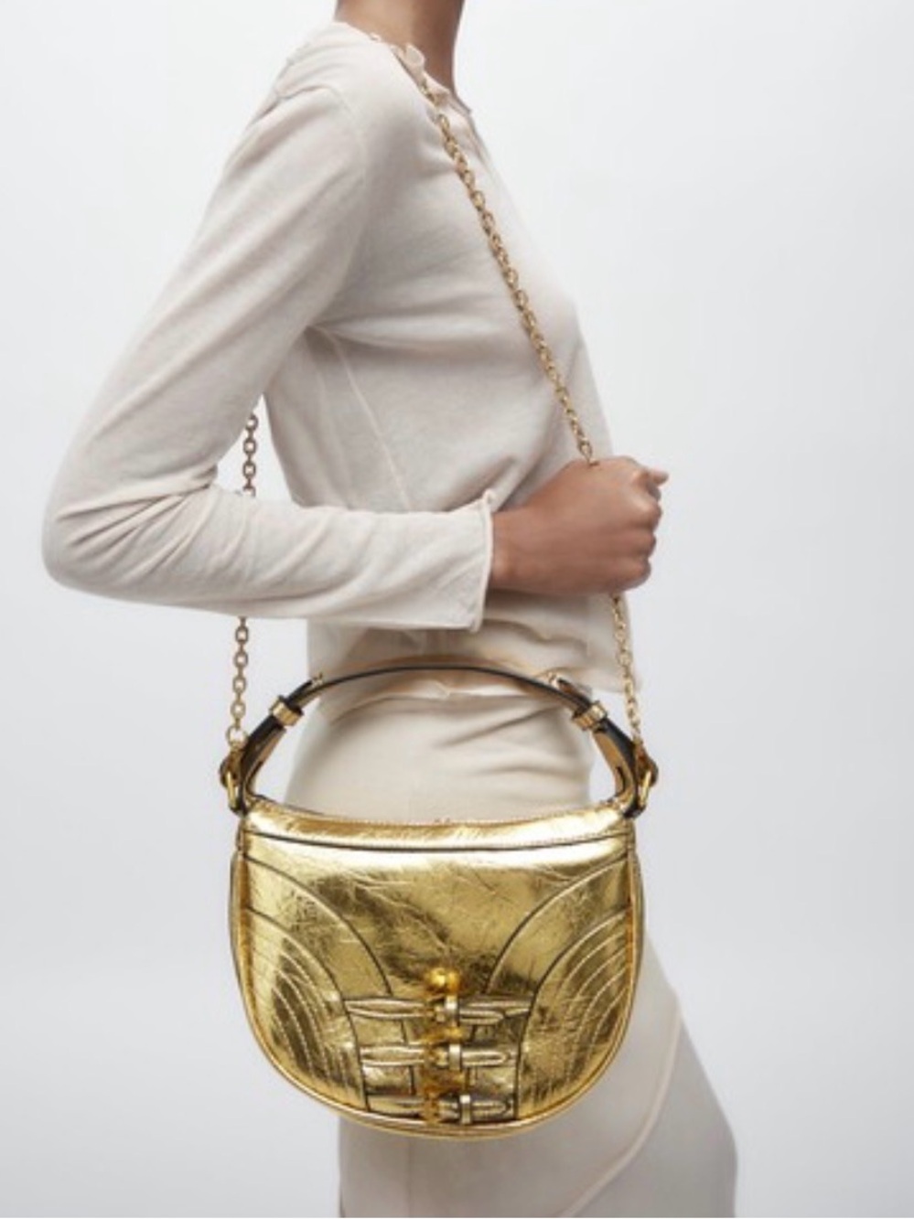 Zara Metallic Gold Chain-Handle Shoulder Bag